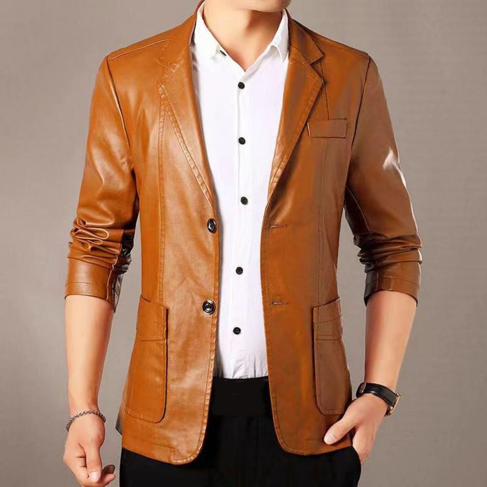 Men Jacket with Button Decoration Long-lasting Wear Men Jacket Stylish Lapel Collar Men's Leather Jacket for Outdoor for Men