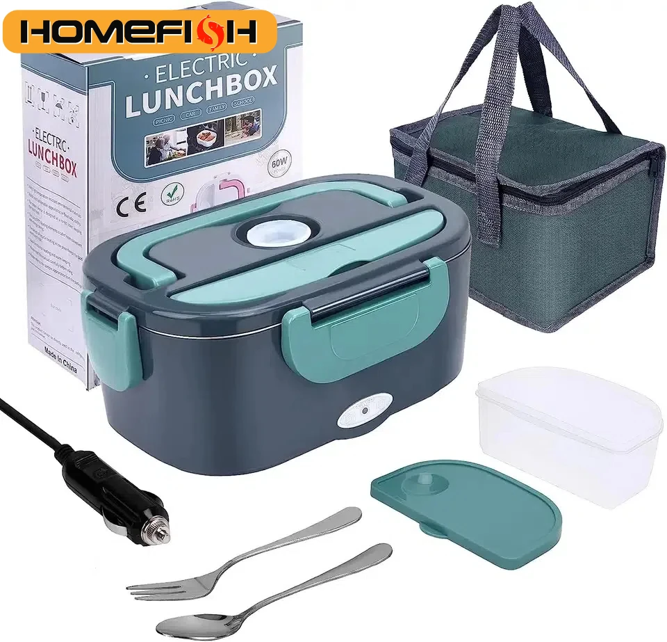 HOMEFISH 1,5L Elektryczny pojemnik na lunch 60W Ogrzewanie prędkości Samochód lub ogrzewanie AC Podróż Biuro do użytku domowego Nóż prezentowy i izolowana torebka