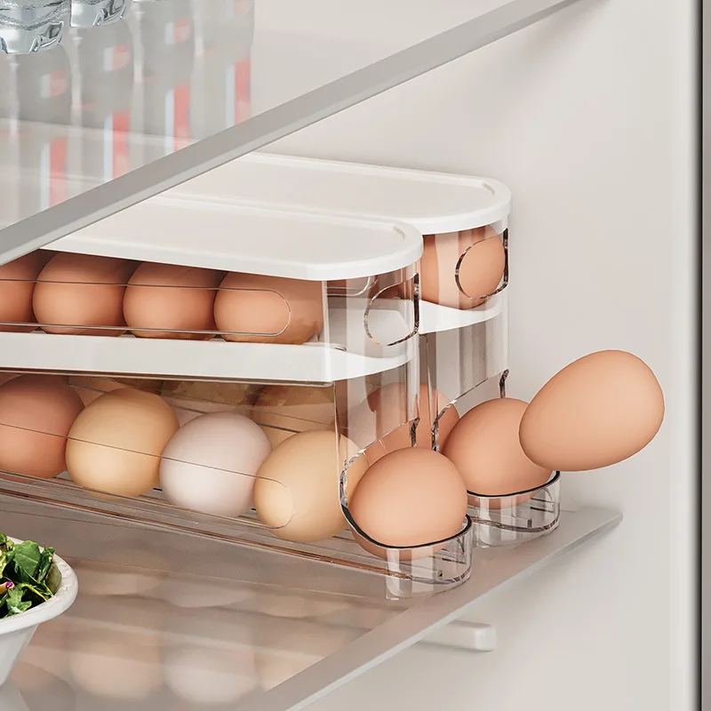 Caja de almacenamiento de huevos para nevera bicapa, soporte para huevos rodante automático, estante estilo escalera, dispensador de huevos para refrigerador, soporte organizadores de huevos