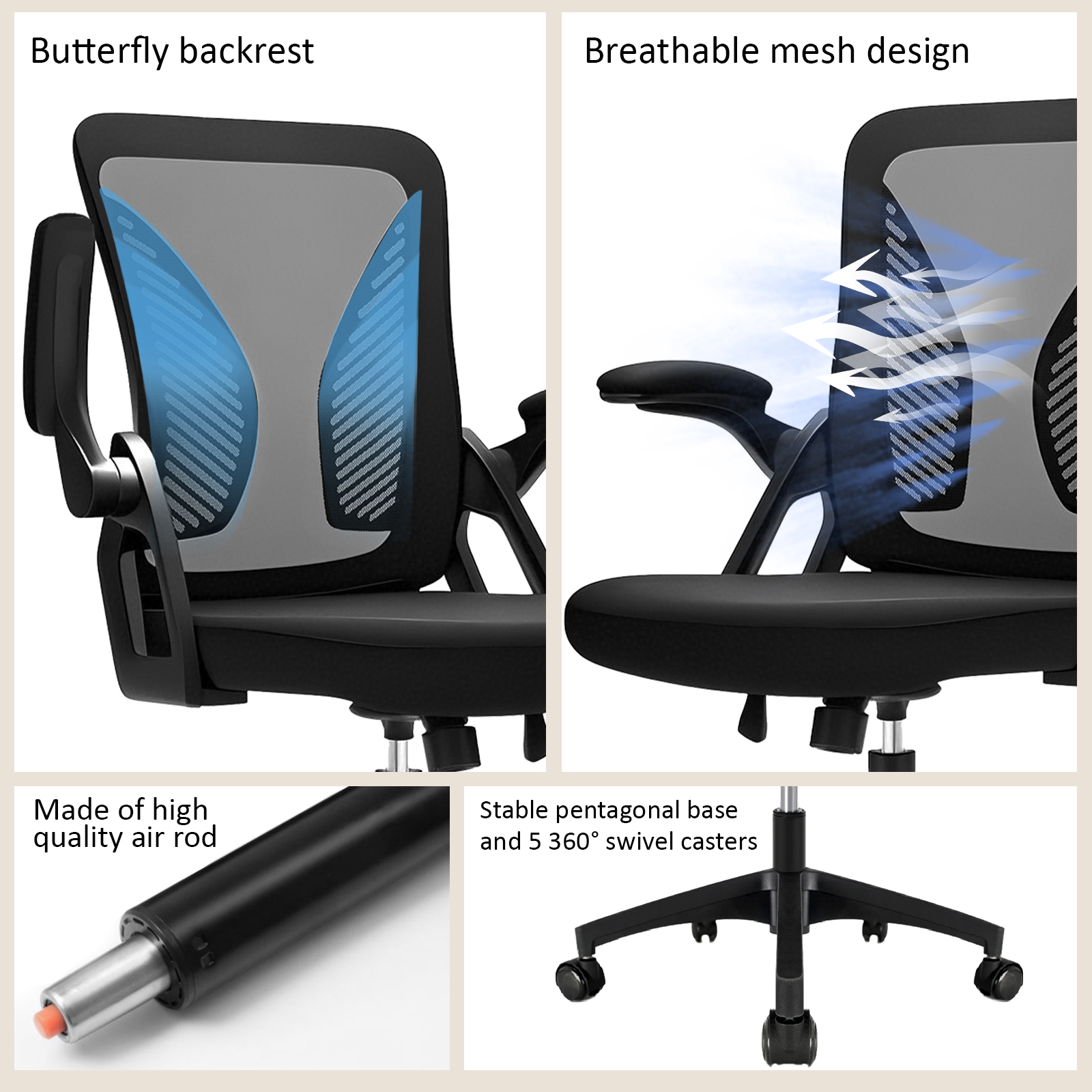 Milacyee Bureaustoel Ergonomisch Bureau met 90 °   Opklapbare armleuning lendensteun, in hoogte verstelbare stoel, thuis/kantoor