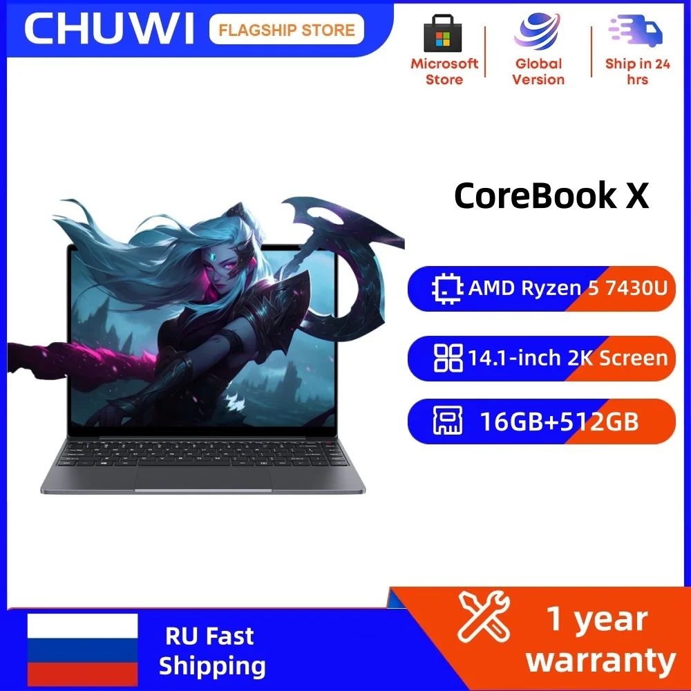 CHUWI CoreBook X Laptop AMD R5-7430U 16GB DDR4 RAM 512GB SSD 14.1 inch FHD Screen Lightweight Gaming Notebook 4.3 GHz Windows 11