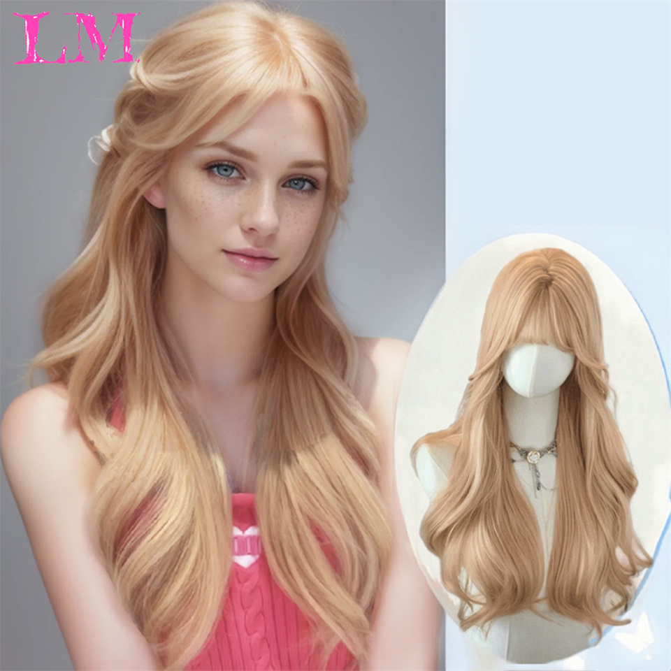 LM Curly Long Wavy Black Blonde Highlights Synthetic Hybrid Wig With Fluffy Bangs Suitable For Women Daily Use
