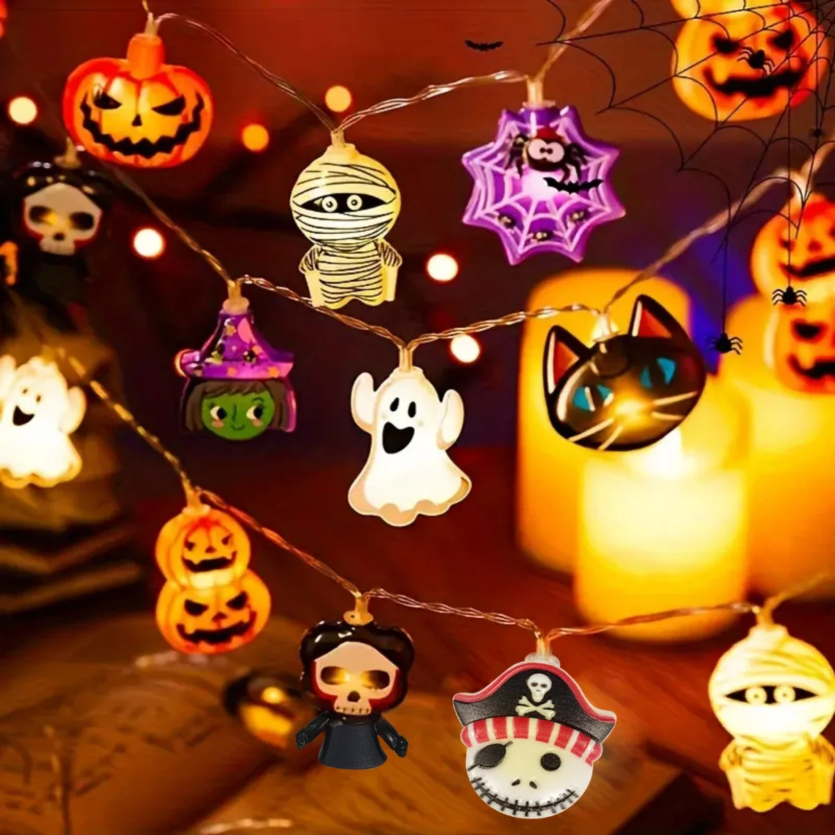 Guirnalda de luces LED con batería para Halloween, 10/20 unidades, con fantasma, bruja, gato, calabaza, telaraña, esqueleto, momia, forma de pirata, interior, 1 ud.