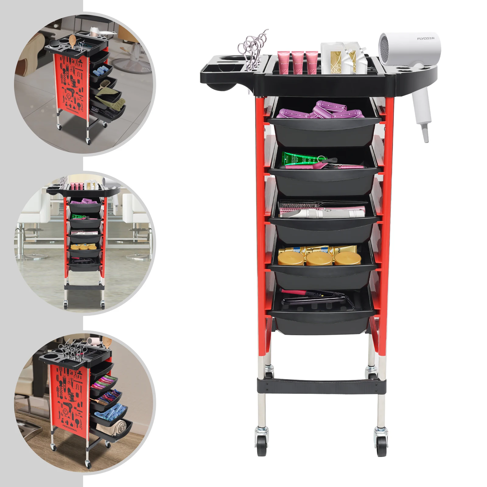 Red Salon SPA Mobile Organizer Stand Carrello multiuso per parrucchiere 5 cassetti estraibili con 4 ruote