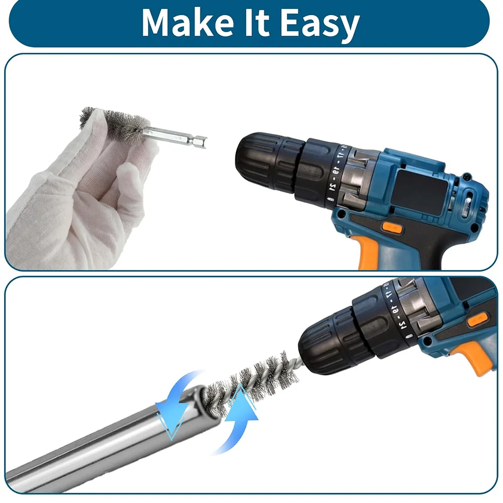 6 Pcs Stainless Steel Pipe Cleaning Brush Set 1/4" Hexagonal Bar Twisted Wire Hole Brush Cleaning Brush Bristle Wire Brush Hole