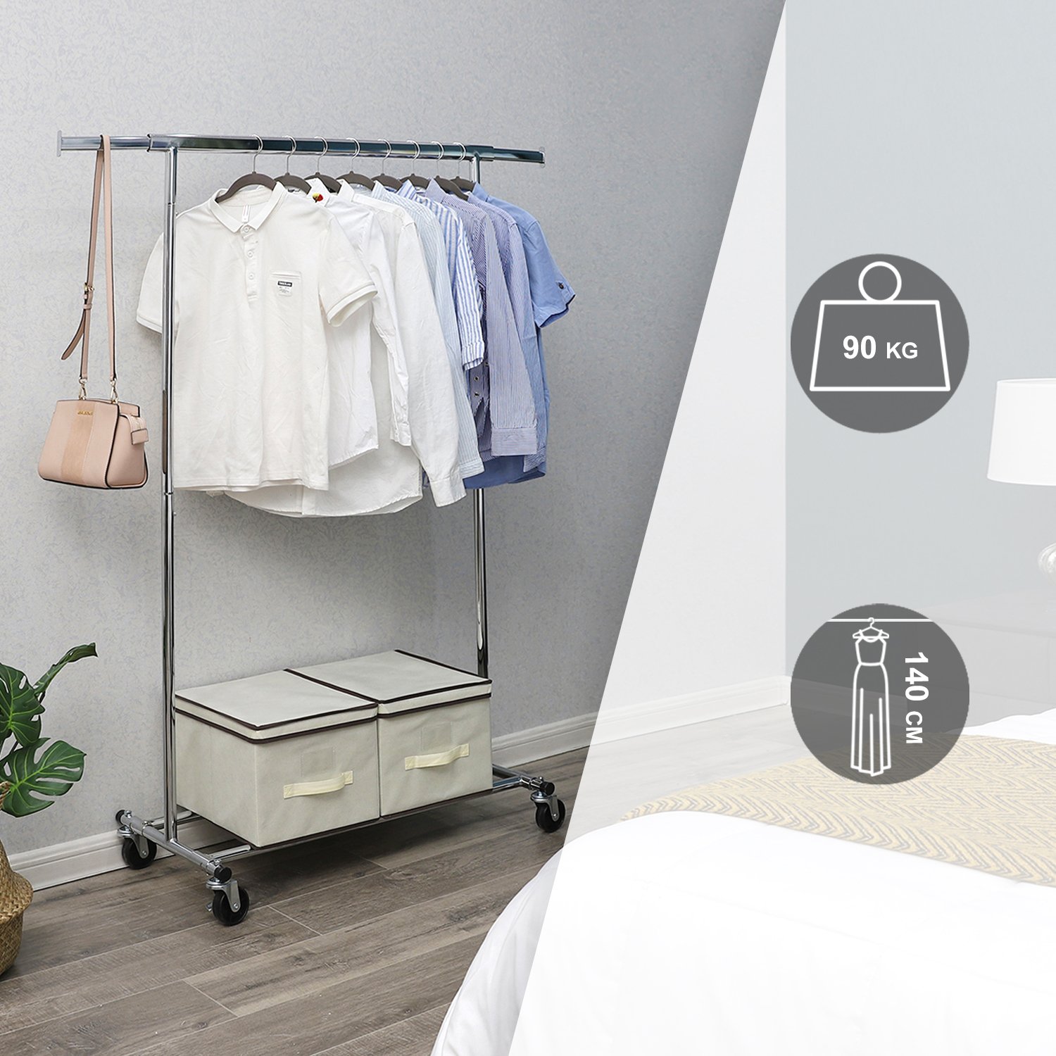SONGMICS Kleiderständer, Garderobenständer auf Rollen, bis 90 kg belastbar