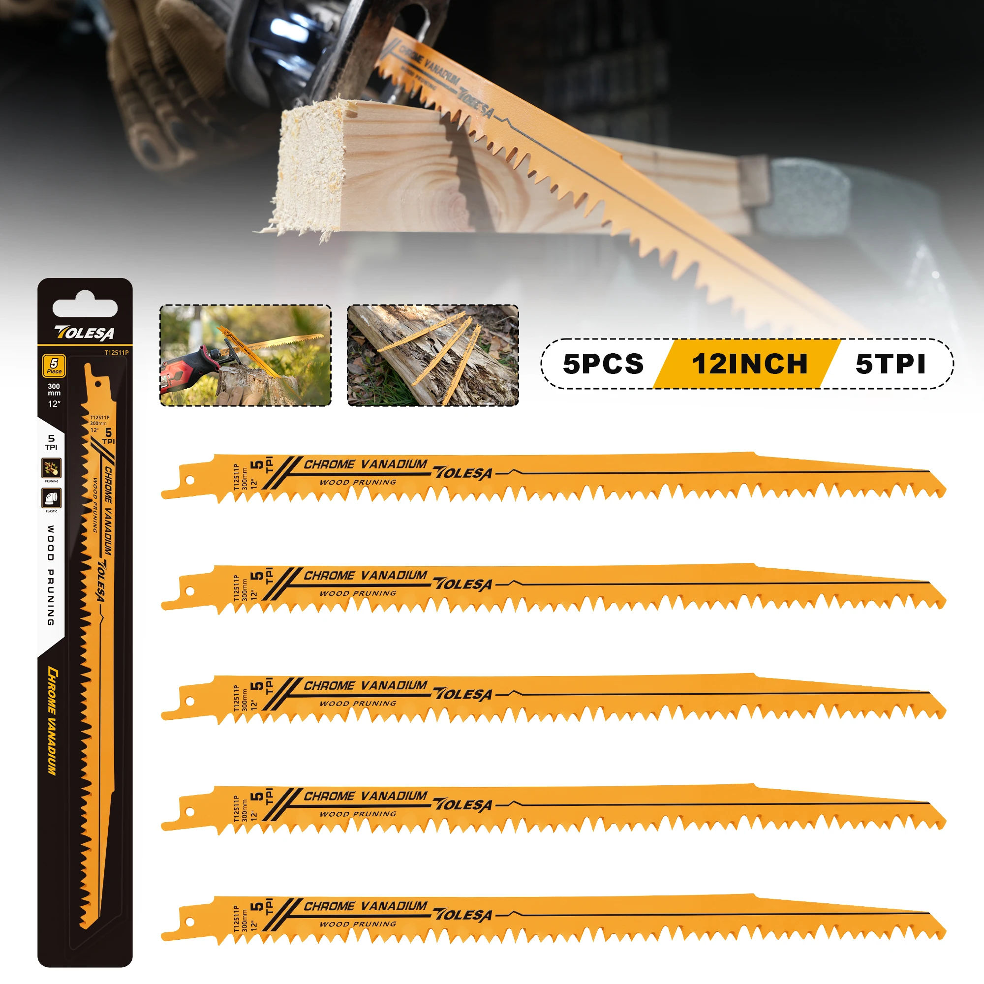 TOLESA 5 pièces 5/6TPI lames de scie alternative pour l'élagage du bois pour la coupe de tuyaux en bois et PVC CRV dents tranchantes au sol lames de scie sabre