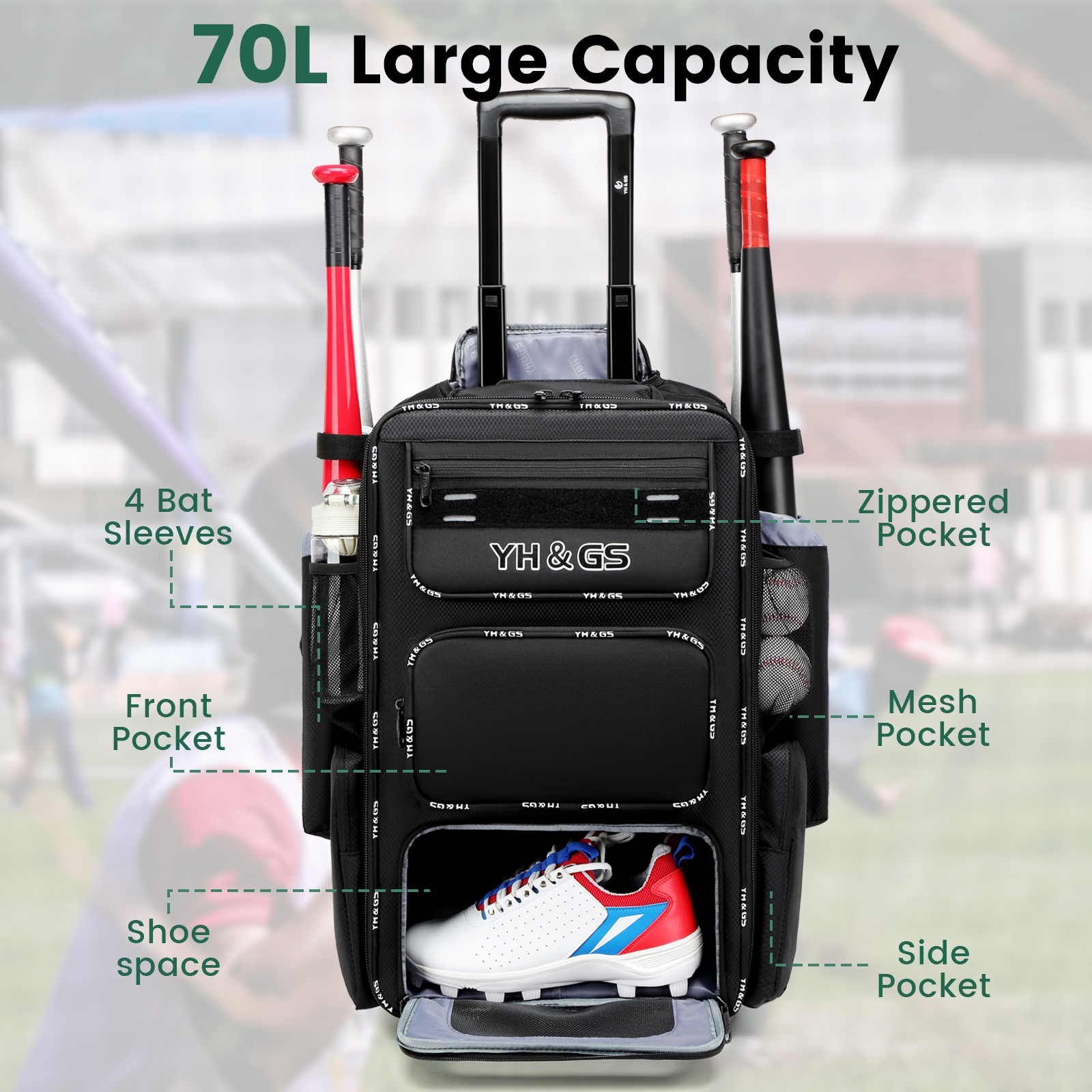 Carrinho de beisebol com rolamento, bolsa de beisebol para esportes ao ar livre com gancho para cerca, bagagem de beisebol leve, bolsa de softball juvenil