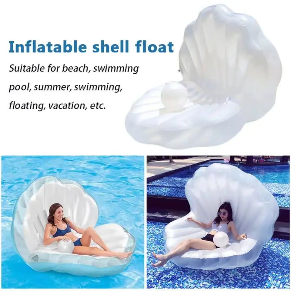 Flutuador de piscina de concha de PVC branco em forma de concha inflável, flatie de molusco gigante explodir com bola de pérola, passeio flutuante de piscina de concha