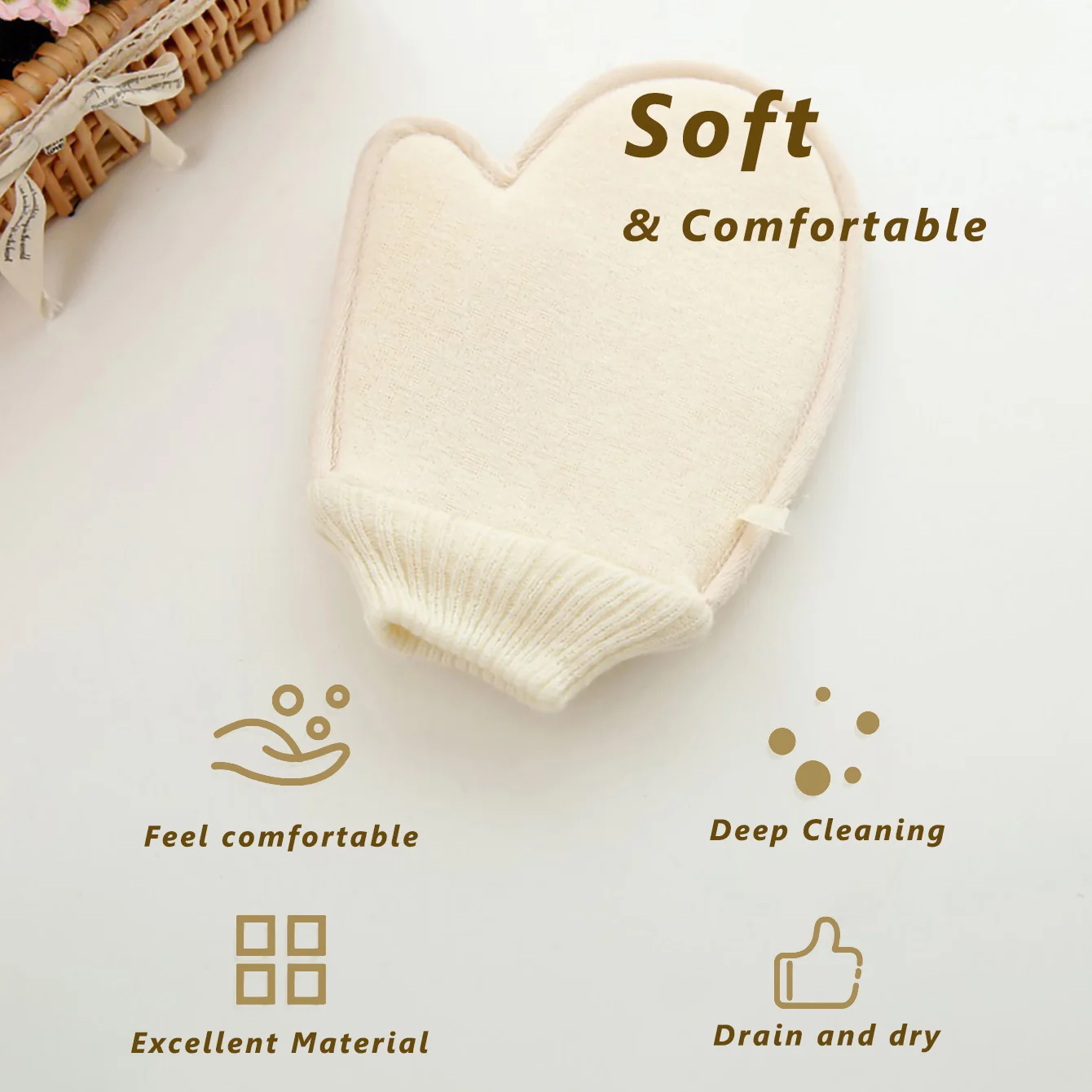 2-in-1 bodyscrub douchehandschoen, 1-delig natuurlijk katoenlinnen zachte exfoliërende scrubber met mesh-textuur voor thuisspa