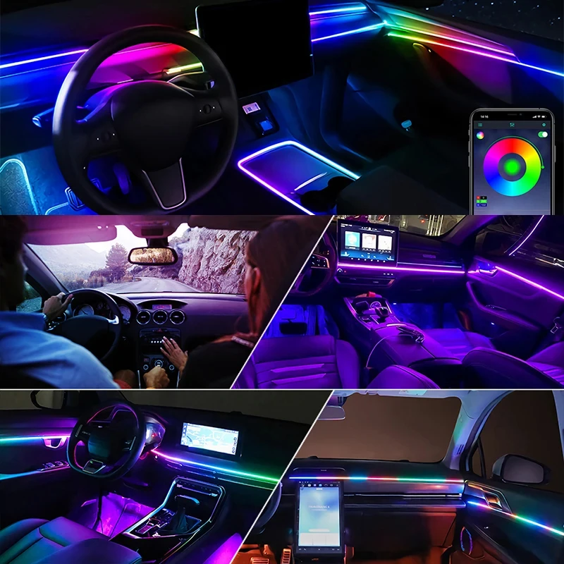 Eenvoudige Installatie Van 64 Kleuren Auto Milieu Licht Led Interieur Verborgen Acryl Strip Symfonische Sfeer Licht Met App