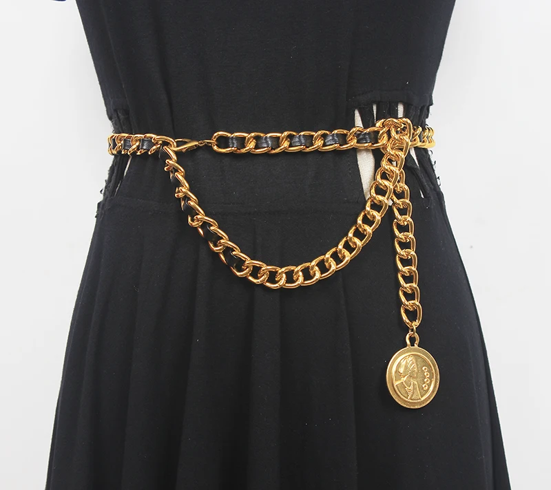 Frauen Runway Fashion PU Leder Gold Kette Cummerbunds Weibliche Kleid Korsetts Bund Gürtel Dekoration Breiten Gürtel R777