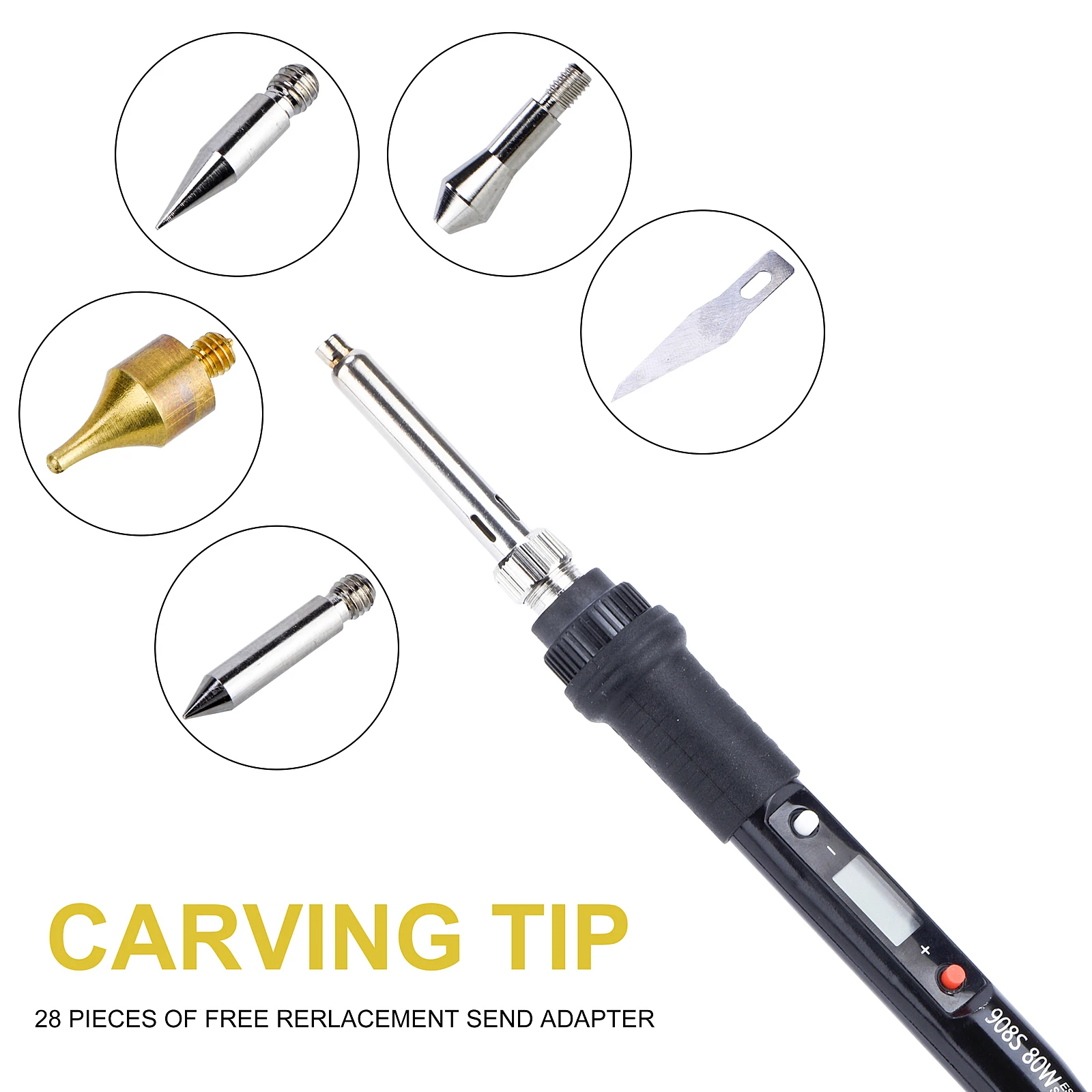 JCD 80W Engraving Pen Electric Soldering Iron Wood Burning Kit Flipping Word Embossing Pyrography Tool Craft 28PC TIP Set 908S