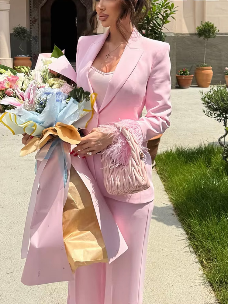 HH Conjuntos femininos moda rosa gola virada para baixo mangas compridas blazer de penas de peito único + calças compridas com zíper de bolso de cintura alta