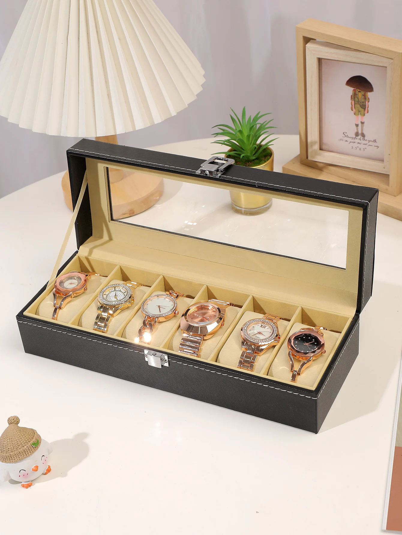 กล่องเก็บของที่ใส่นาฬิกาแบบกล่องนาฬิกาข้อมือ6ช่องกล่องใส่นาฬิกาหนัง PU หรูหรา