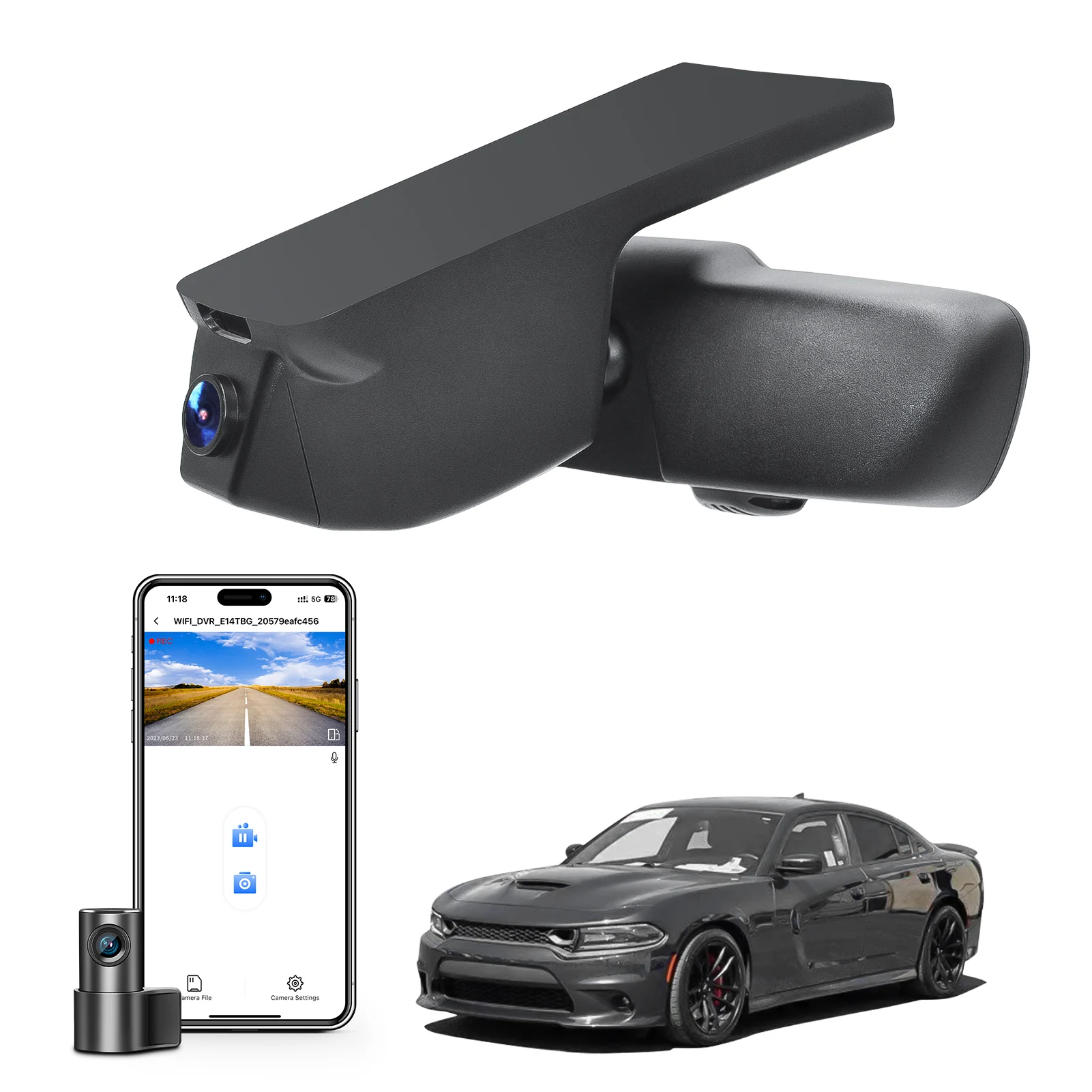 Mangoal 4K Dash Cam Cocok Untuk Dodge Charger 2015-2023 (Model A) G-Sensor Monitor Parkir Video UHD 2160P Kontrol Aplikasi WiFi