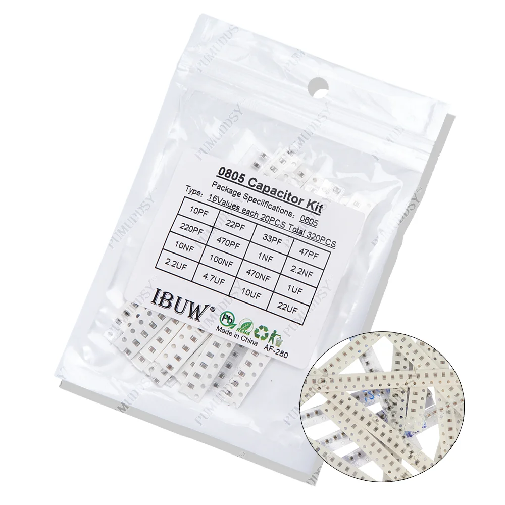 320 Uds 720 Uds 2500 Uds 0603 0805 1206 Kit de condensadores SMD Kit surtido 16/36/50 valores PUMUDSY 1PF ~ 1UF