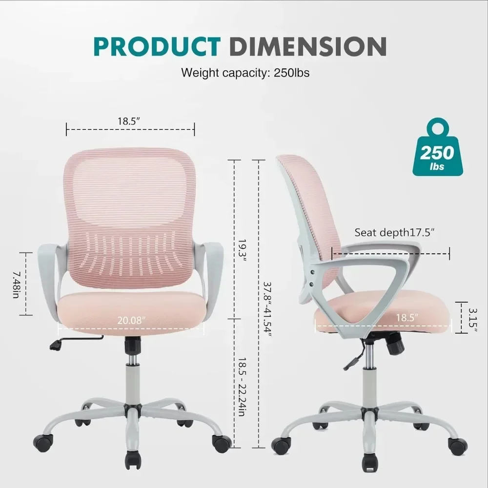 Silla de oficina, sillas de escritorio giratorias de trabajo con ruedas, ergonómicas, con respaldo medio, soporte lumbar cómodo, rosa