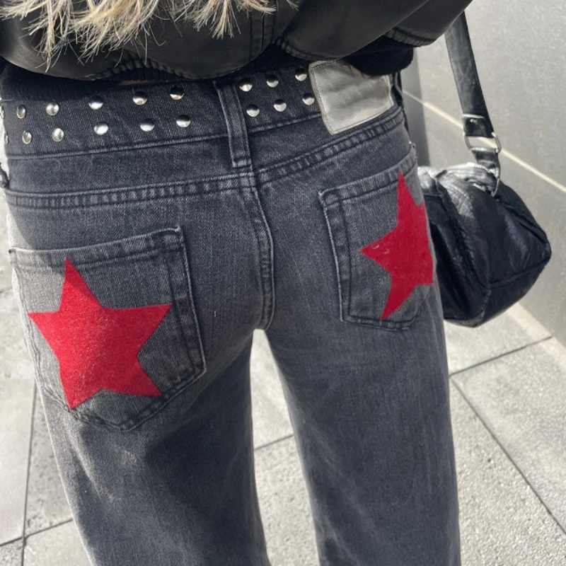 Women Y2K Vintage Jeans Patchwork Leopard Star Pattern Metal Rivet Jeans Female Baggy Casual Straight Leg Denim Pants Clothing