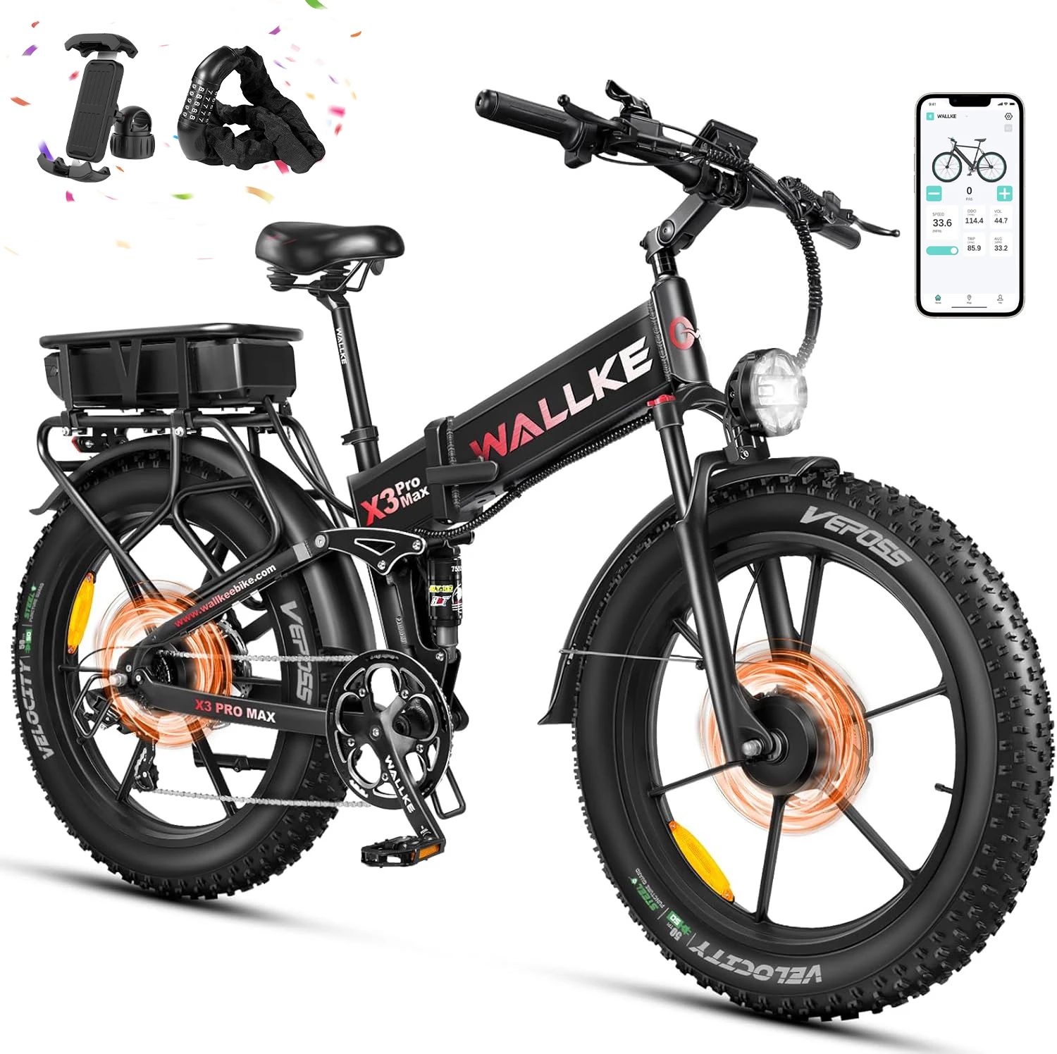 Rower elektryczny W Wallke X3, 1500W, podwójny silnik, 22AH/44AH, składany rower elektryczny, 26'' opony typu fat tire, e-mountain bike z kontrolą przez aplikację.