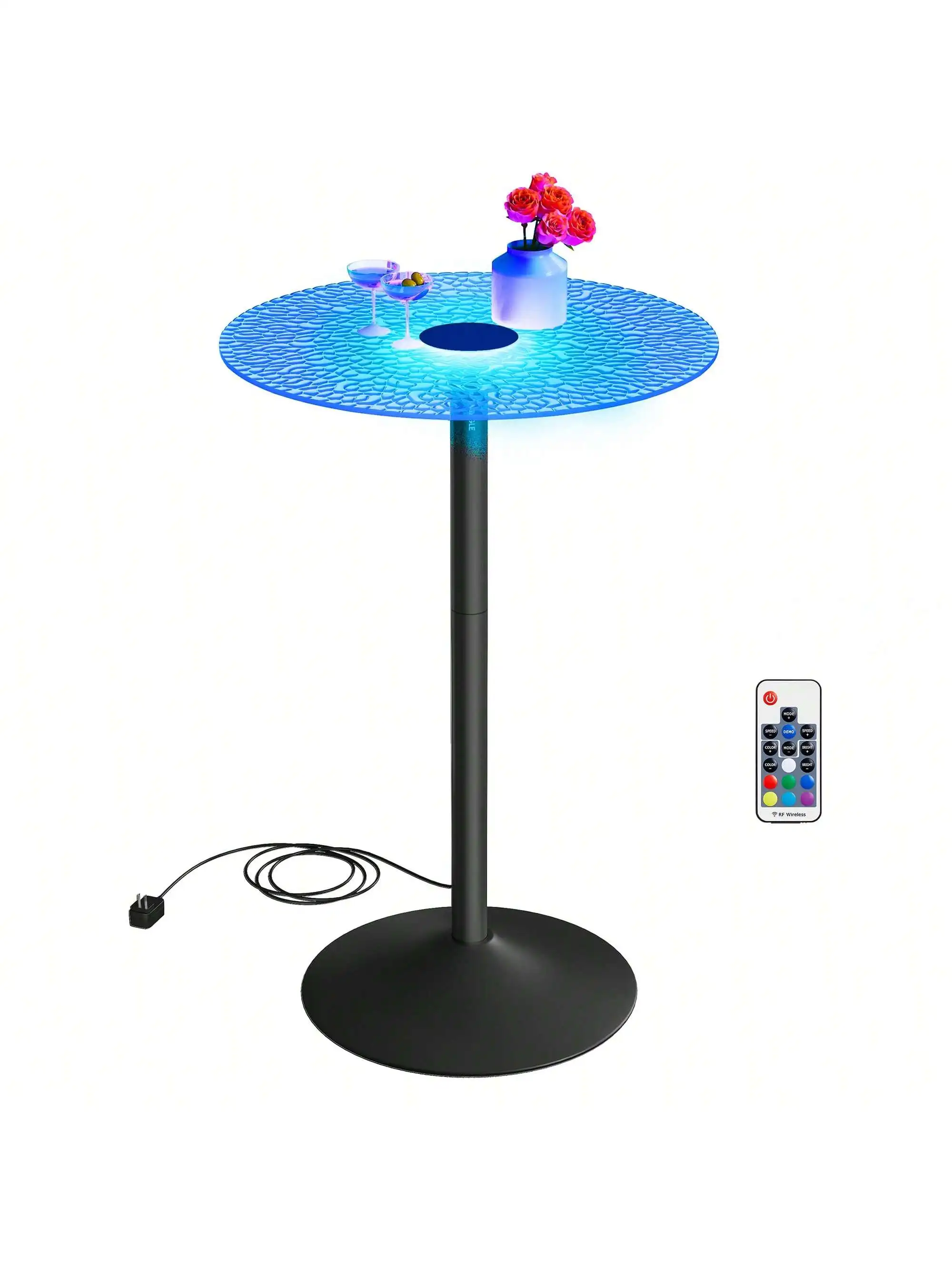 VASAGLE Bar Table, Round Cocktail Table With Multi-Colored Lights And Glass Top, Large Steel Base, 41.3 Inches Tall Pub Table