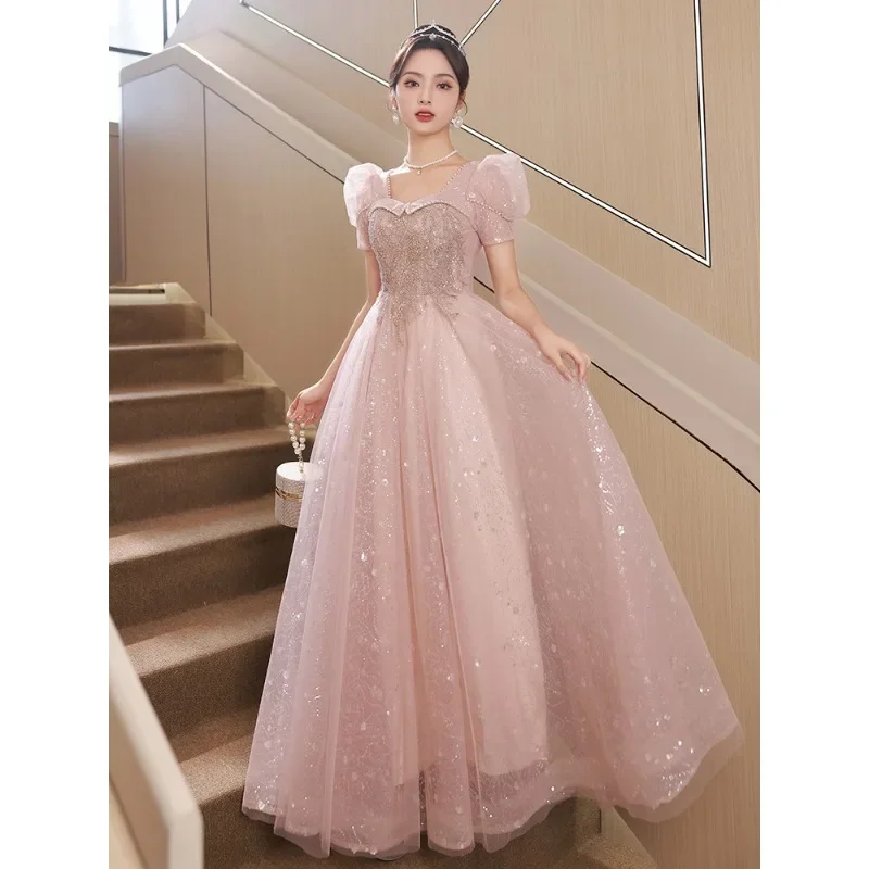 Vestido de noite rosa para mulheres 2025, primavera, novo estilo, banquete, reunião anual francesa, exame de arte, vestido de reunião anual na moda