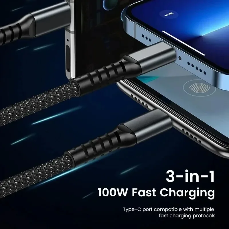 3in1 100Wケーブル 5A急速充電USB - Type-C Micro USBデータ転送コード Samsung Xiaomi iPhone対応 急速充電USB Type-Cケーブル