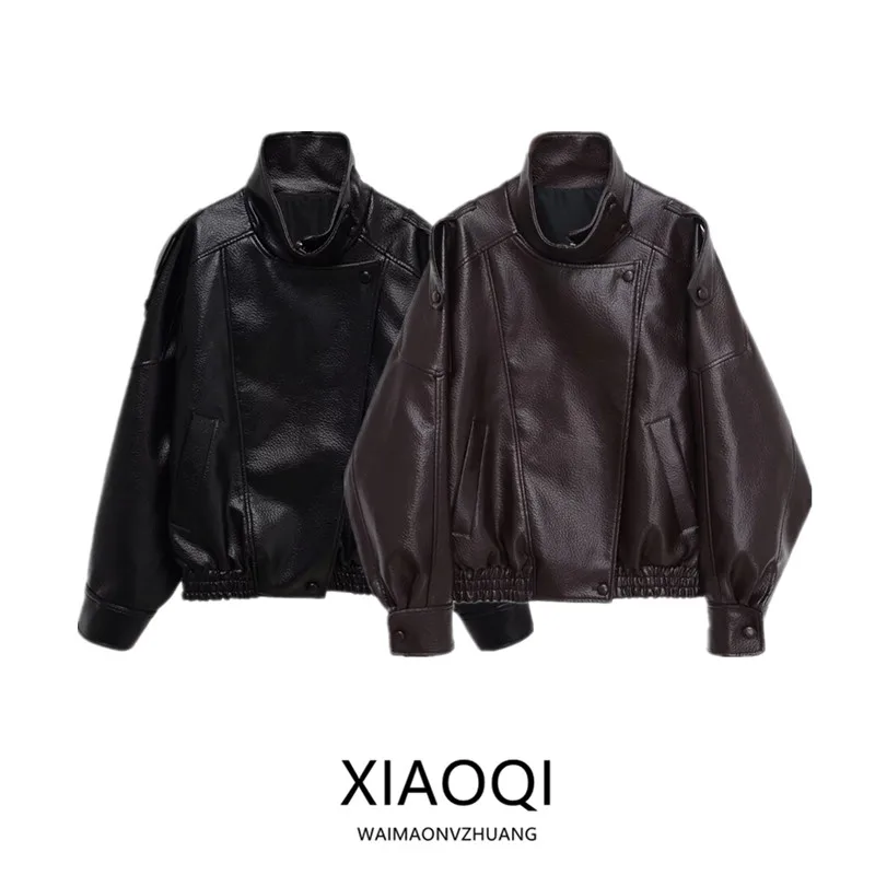 Jaqueta de Couro Fena com Design Solto, Casaco Curto, Moda Quente para Mulheres, Novo Estilo de Outono, Fechamento com Zí...