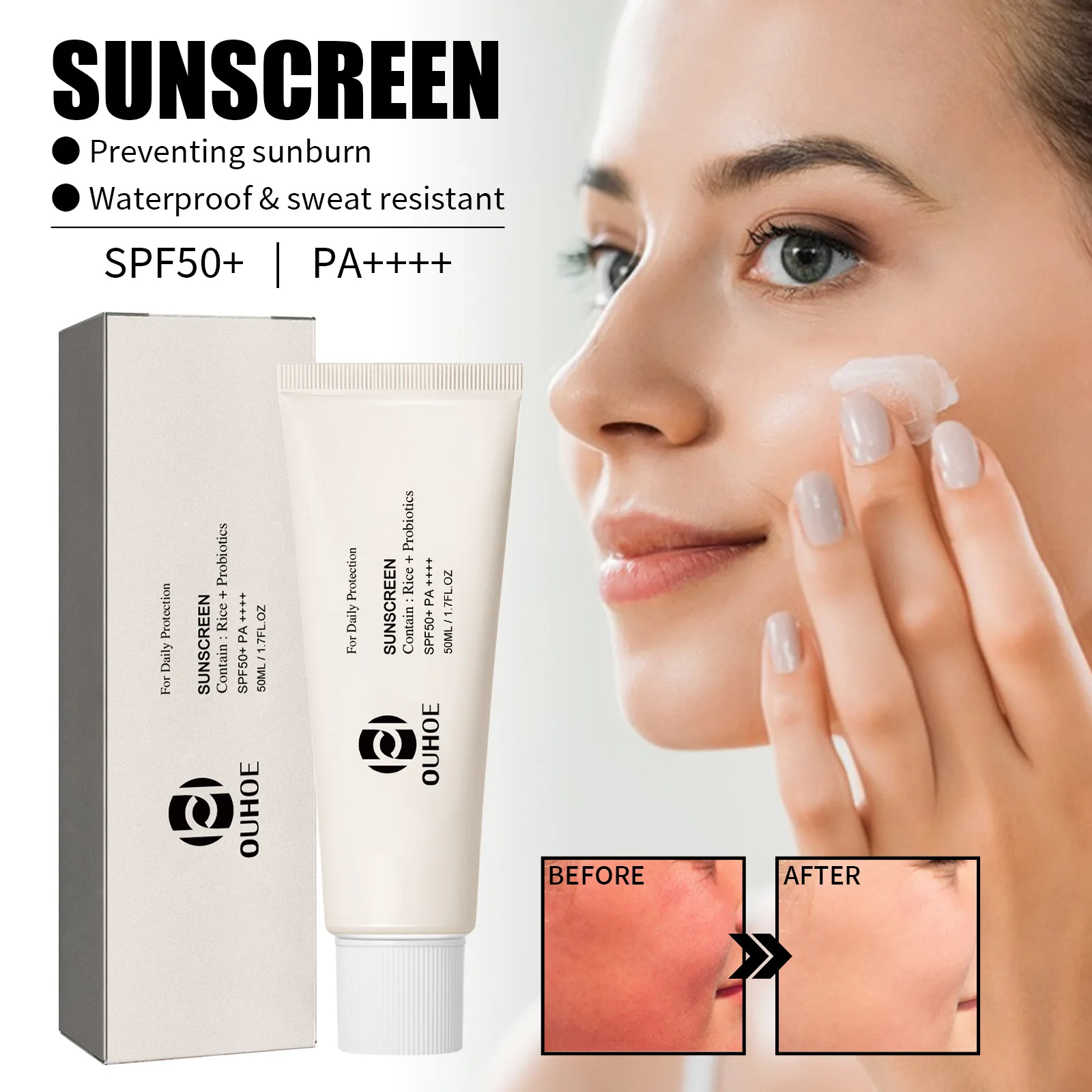 SPF50+ Sonnenschutz Koreanischer Reis Probiotischer Solarblocker Hautaufhellungscreme Anti UV Sonnenschutz Gesichtsmild Feuchtigkeitscreme Serum 50 ml