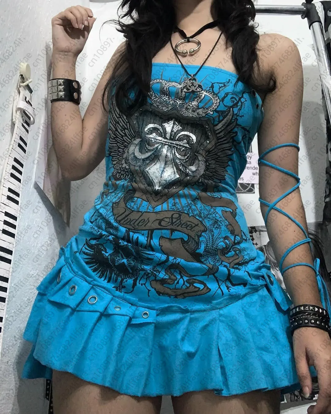 미적 Y2k 소녀 멜빵 탑 Y2k 옷 블루 고딕 활 슬리밍 바닥 여성 드레스 섹시한 여자 하이 스트리트 캐릭터