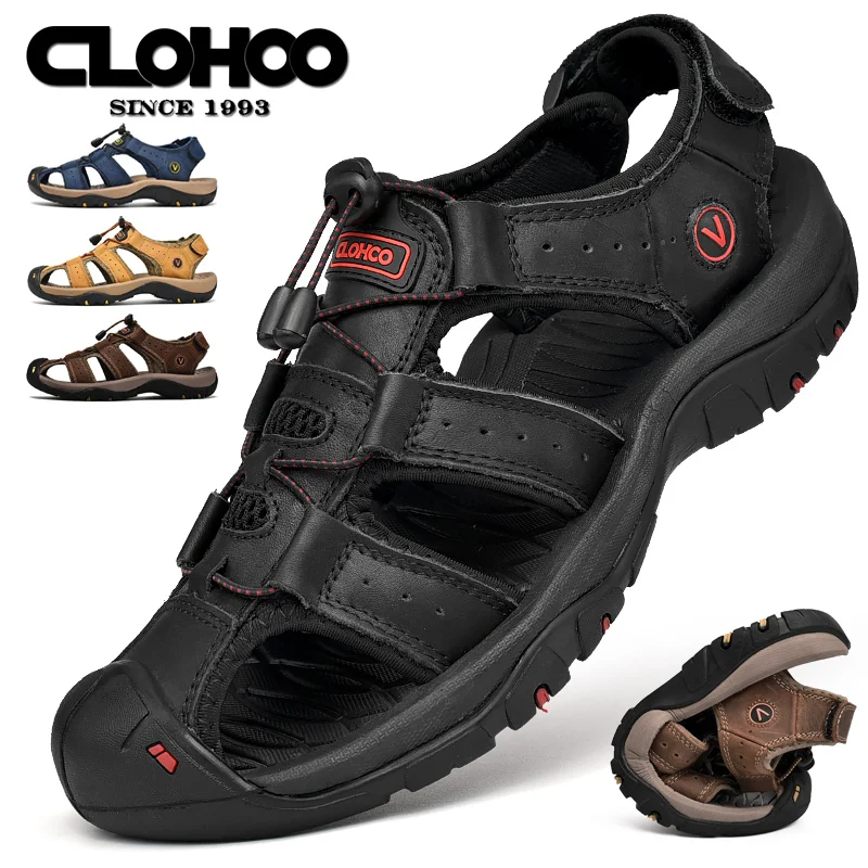 CLOHOO รองเท้าแตะผู้ชาย Handmade หนาด้านล่างยาง Breathable Casual SLIP-ON รองเท้าชายหาดหนังรุ่นอัพเกรด