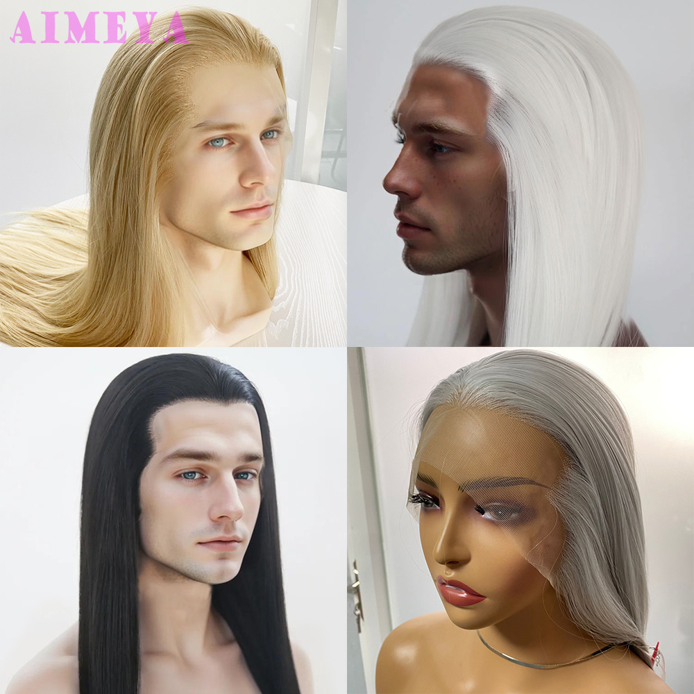 AIMEYA フリーパートブラックレースフロントウィッグロングシルキーストレート合成レースウィッグ高温髪男性または女性コスプレ