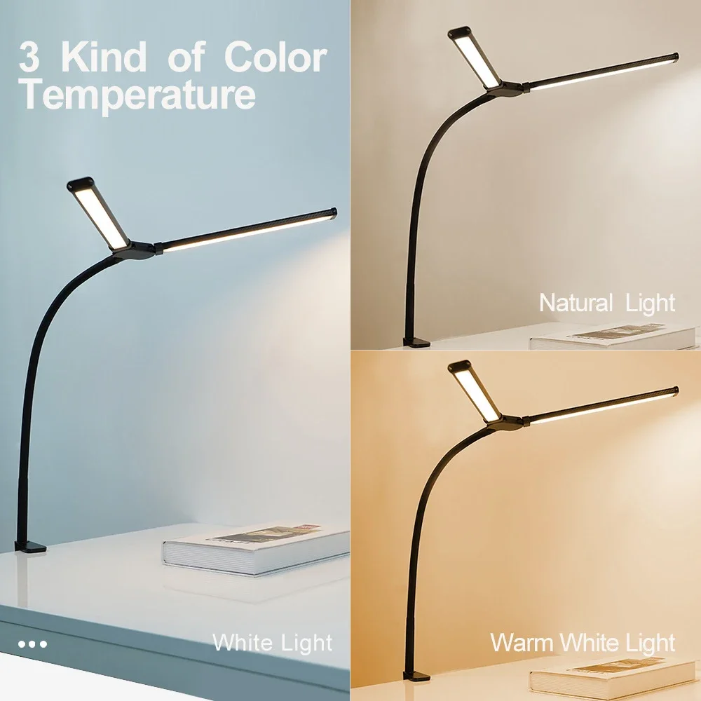 Augenschutz, dimmbare LED-Schreibtischlampe mit Klemmschwenkarm, 3 Farbmodi, 10 stufenlos dimmbare LED-Tischleuchten, flexibler Schwanenhals