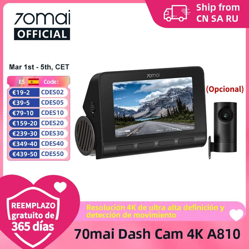 70mai 4K Dash Cam A810 Ultra HD GPS incorporado ADAS grabación automática 150FOV detección de movimiento 70mai A810 4G coche DVR soporte cámara trasera
