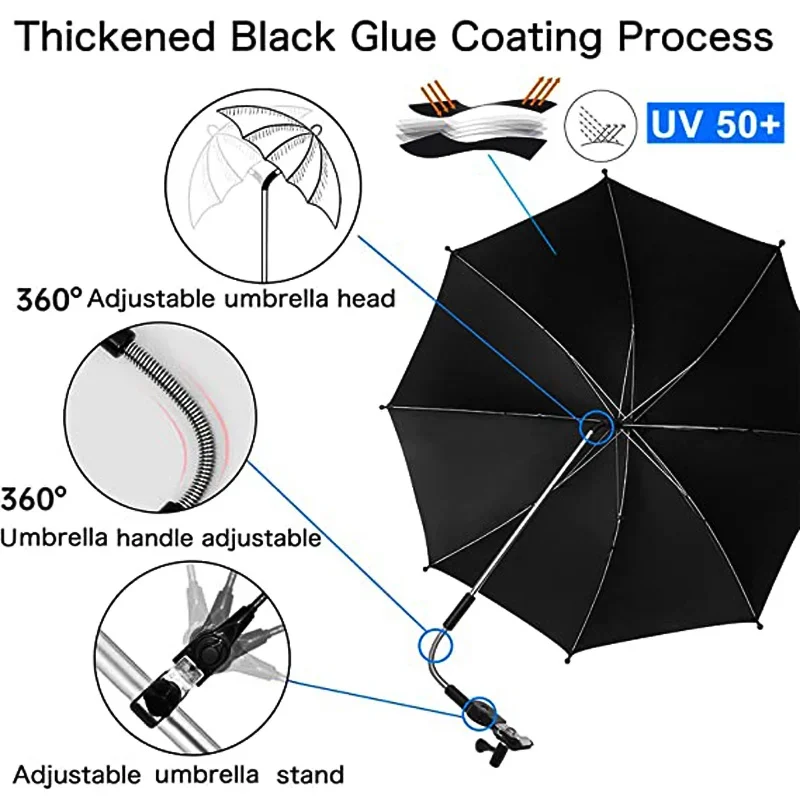 Proteção UV Baby Stroller Umbrella com braçadeira, Protetor solar universal, Capa impermeável, Acessórios