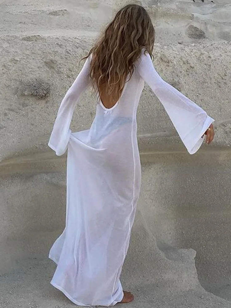 Longue robe blanche transparente, dos nu, taille haute, épissée, manches longues, couleur unie, tenue de plage, été