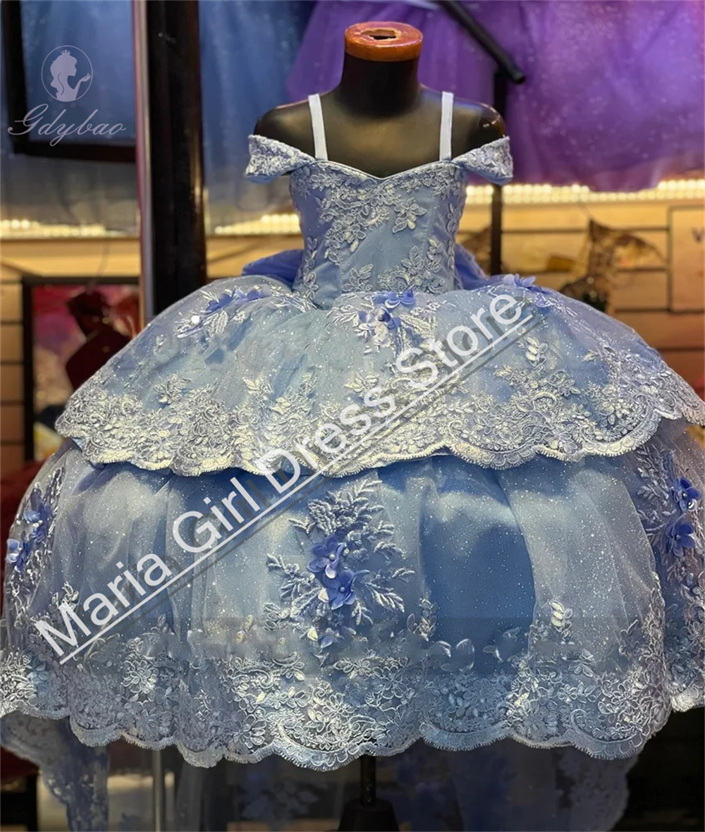 Light Blue New Flower Girls Dress Lace Appliqué Fluffy Tulle For Little Girl Costumes First Communion Prom Wedding Gown