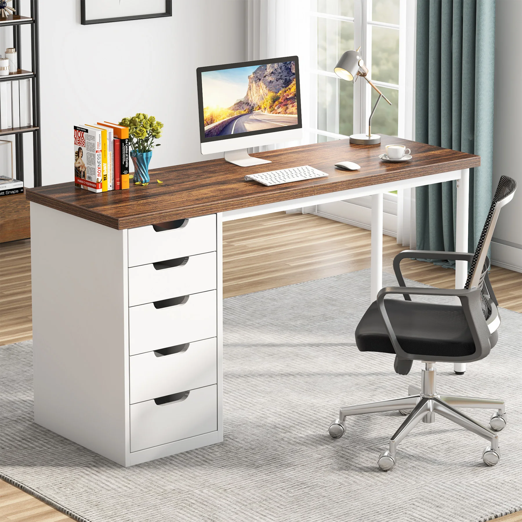 Tribesigns Computer Desk with 5 Drawers, 47 inches Rustic Brown Home Office Desk with Storage, Modern Simple Laptop Desk Study W