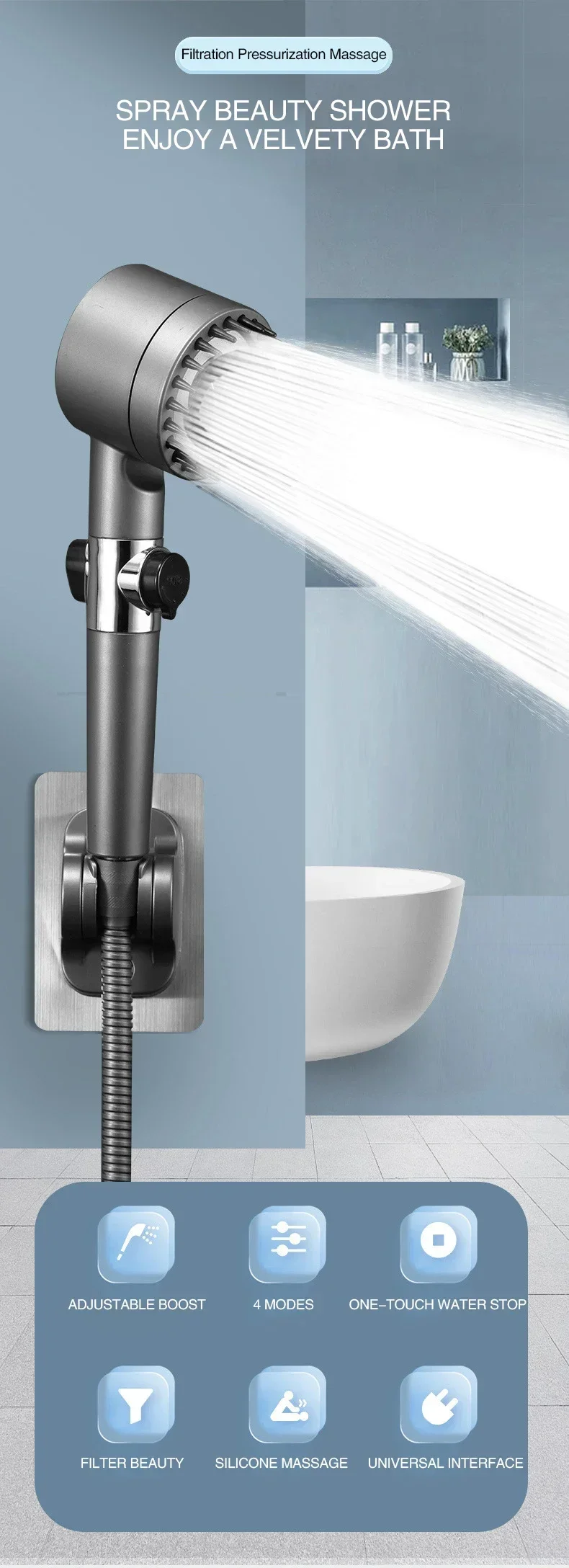 Soffione doccia con filtro ad alta pressione Spray regolabile a 3 modalità con spazzola per massaggio Rubinetto antipioggia Accessori per il bagno