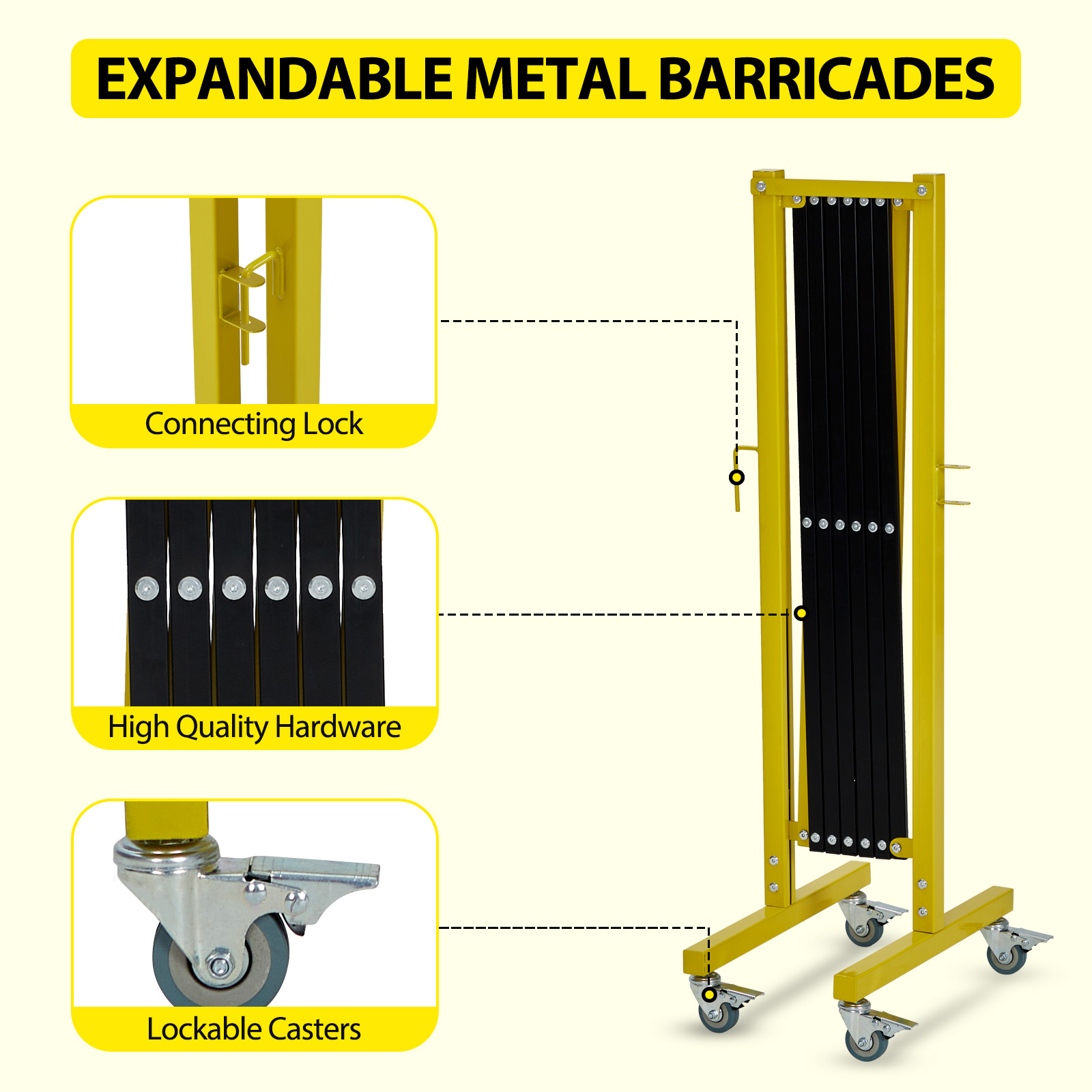 Industrial Expandable Metal Barricade, 11 Feet, Mobile Safety Barrier Gate, Retractable Traffic Fence With Warning Board Casters