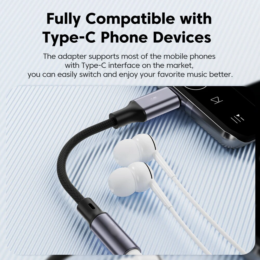 Adaptador de conector para auriculares tipo C trenzado de nailon duradero, cable auxiliar chapado en oro de 3,5 mm para coche/música/juegos (retardo de 0 ms, micrófono y volumen C