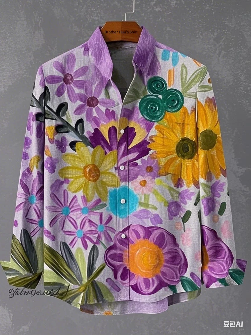 New spring, summer and autumn men's stand-up collar linen long-sleeved shirt, flowing floral print top, fast delivery from Hawai