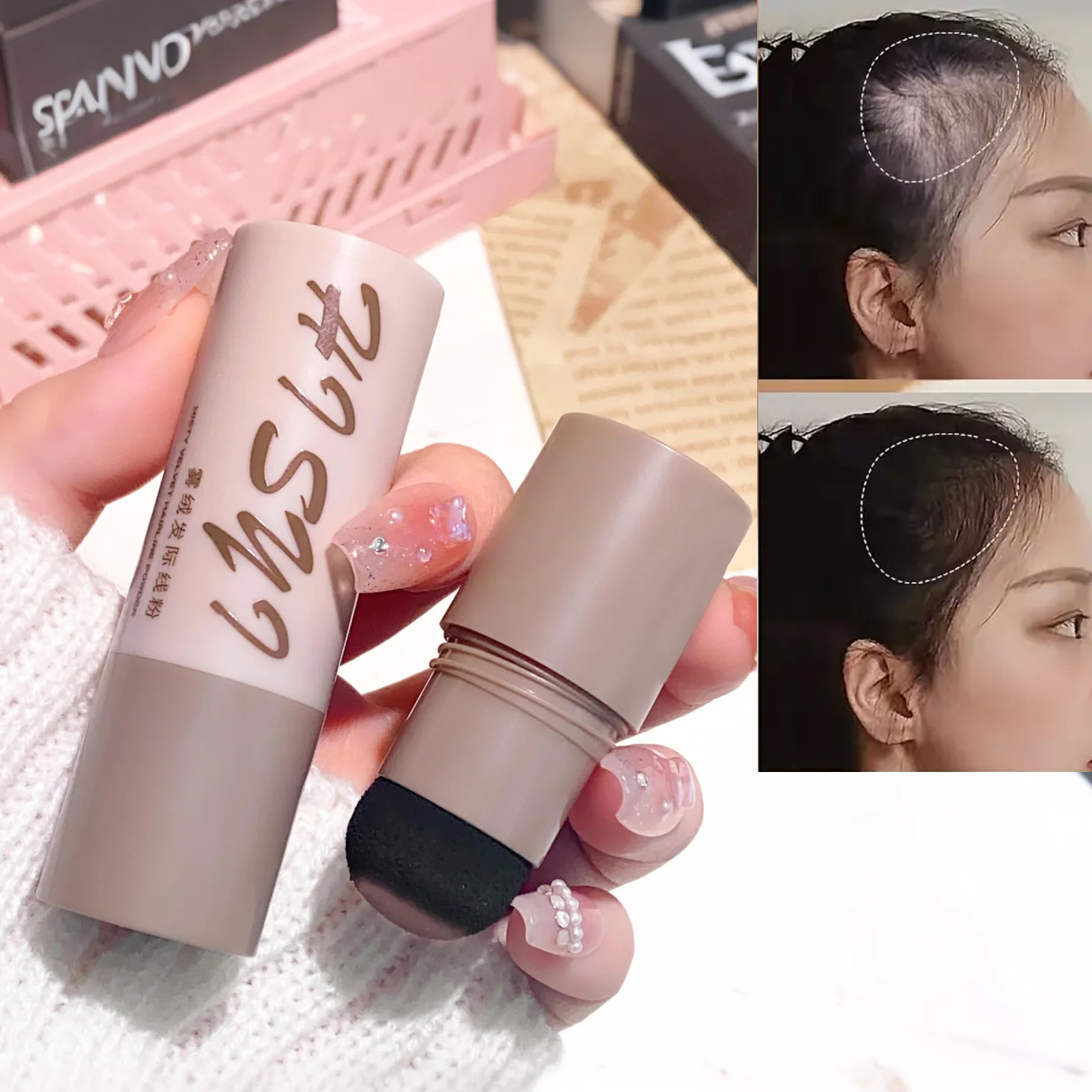 Polvo de sombra para línea de cabello: tanto para hombres como para mujeres, el bolígrafo de esponja corrector llena de raíces del cabello, resistente al agua y duradero, cabello perfecto