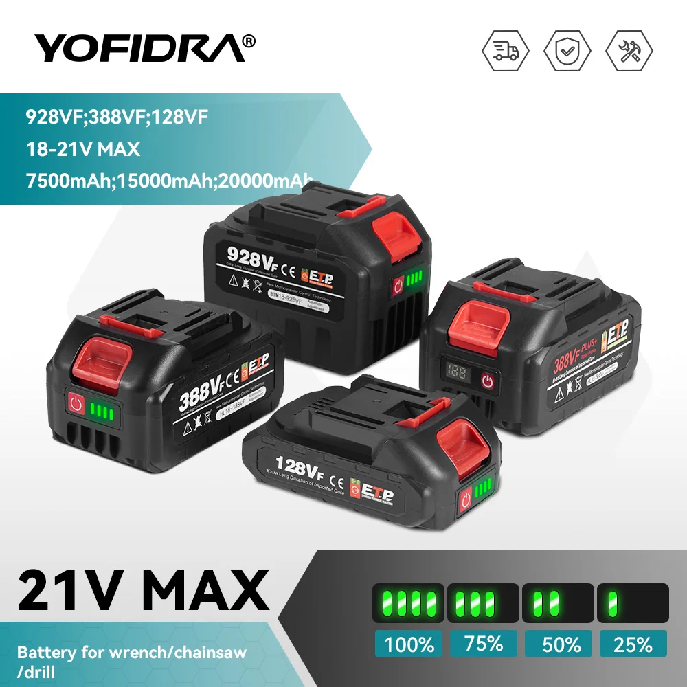 YOFIDRA 928VF 22500mAh Akumulator litowo-jonowy 388VF 15000mAh 128VF Akumulator litowo-jonowy do elektrycznego narzędzia roboczego