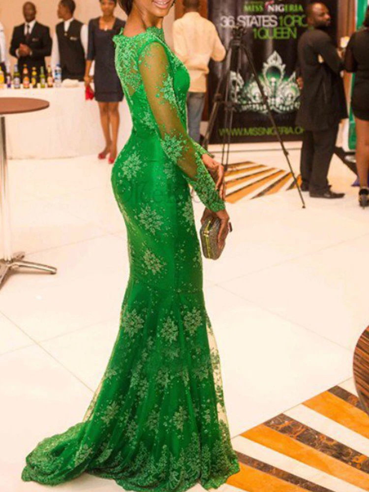 Vestido de noche de encaje verde para mujer, con cuello redondo traje Sexy, ajustado, estilo sirena, elegante, para fiesta de cóctel, verano, 2024