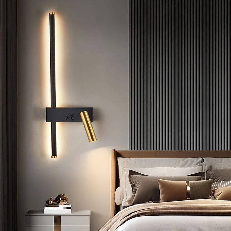 Nueva lectura con interruptor, lámparas de pared minimalistas, tira de luces de noche para dormitorio, lámparas de pared de fondo de línea de dormitorio principal nórdico 2023