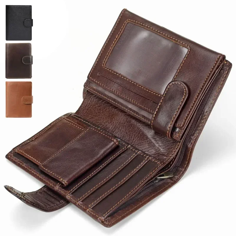 Nueva cartera para hombre, billeteras de piel de vaca auténtica, monedero, cartera de mano con cerrojo, cartera corta Retro abierta de alta calidad