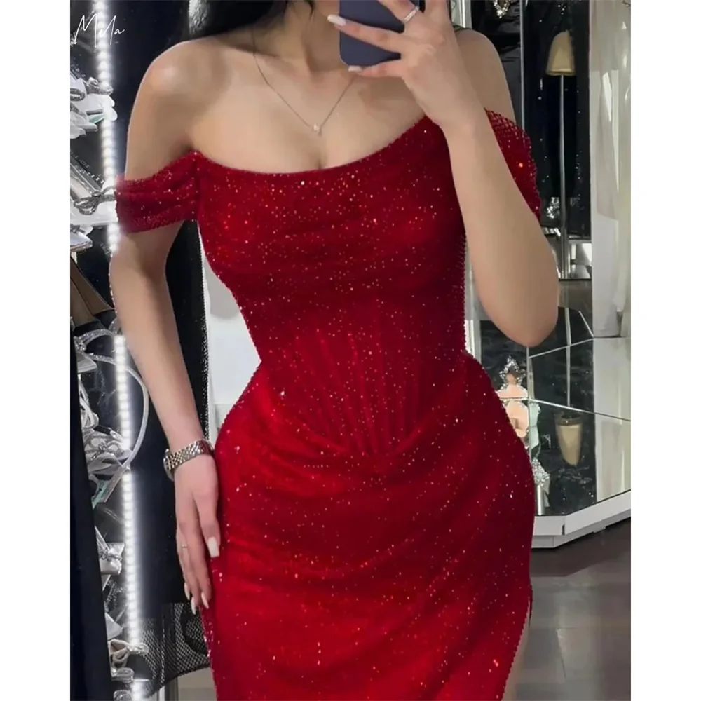 Mila Red с открытыми плечами Вечерние платья с блестящими боковыми высокими разрезами Вечерние платья с ампирной талией Платья для выпускного вечера по индивидуальному заказу