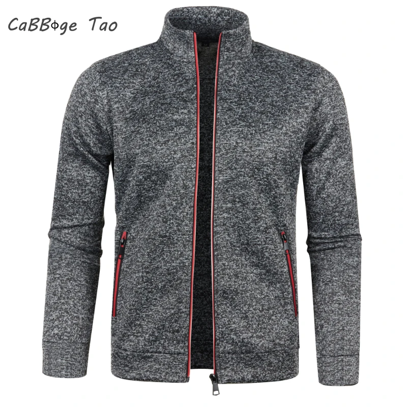Jesienno-zimowy męski nowy długi zamek błyskawiczny Kolorowe rękawy swetra Cienki pluszowy sweter Kurtka Casual Slim Fit Wygodny płaszcz