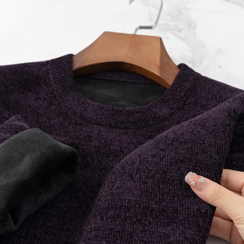 Мужской цельный свитер с бархатной подкладкой из синели плюс бархатный утолщенный теплый вязаный пуловер, базовый однотонный черный, серый трикотаж